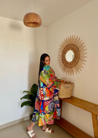  Mid-Length Linen Dress with Vibrant Artistic Prints