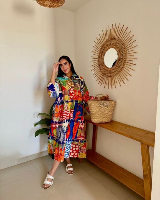 Mid-Length Linen Dress with Vibrant Artistic Prints Mid-Length Linen Dress with Vibrant Artistic Prints