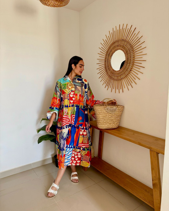 Mid-Length Linen Dress with Vibrant Artistic Prints Mid-Length Linen Dress with Vibrant Artistic Prints