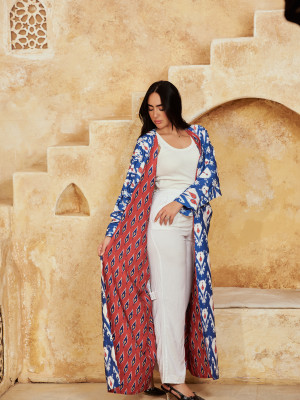 Long Linen Cardigan with Elegant Patterns