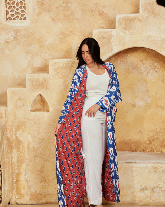 Long Linen Cardigan with Elegant Patterns