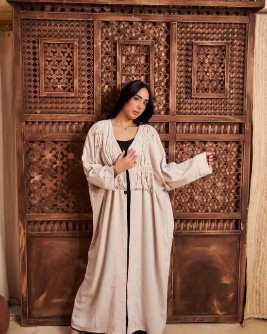 Luxurious Open Linen Cardigan with Elegant Embroidery