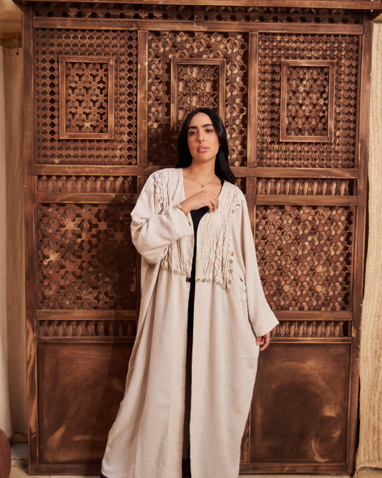 Luxurious Open Linen Cardigan with Elegant Embroidery